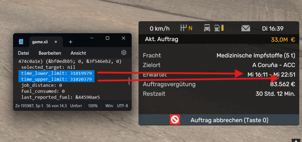 Inhalt der game.sii relativ zur InGame Anzeige