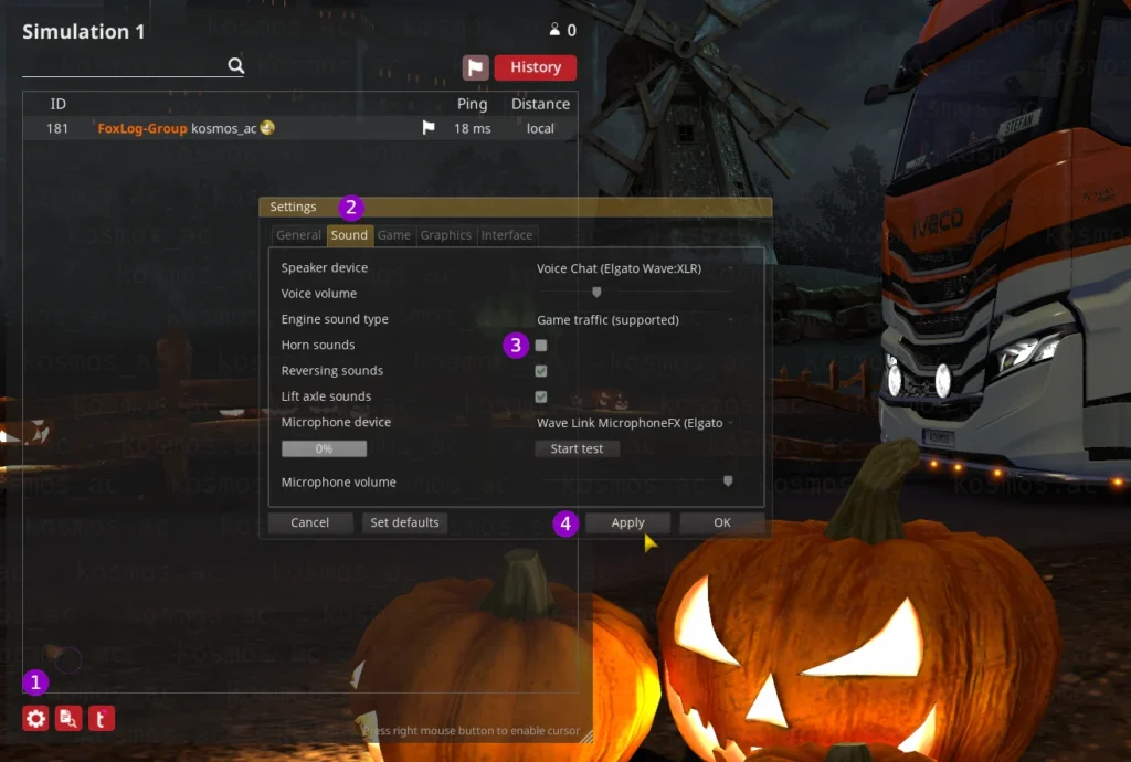 Screenshot der TruckersMP Einstellungen für Sound.
